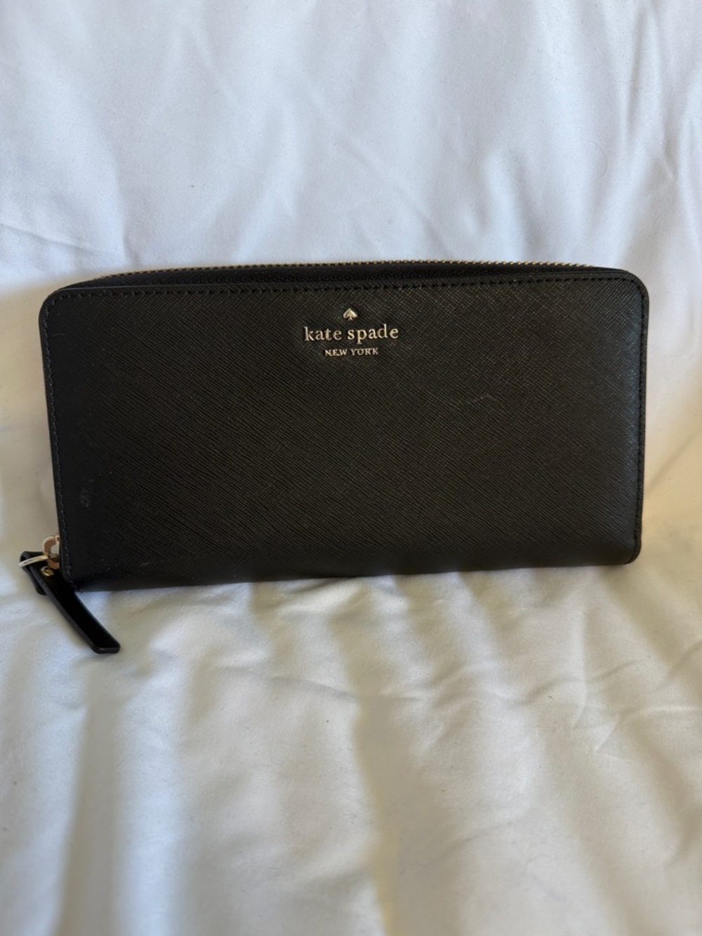 kate spade Black Saffiano Zip Wallet with Silver Logo